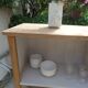 Raw wood craft furniture, pearl gray interior.