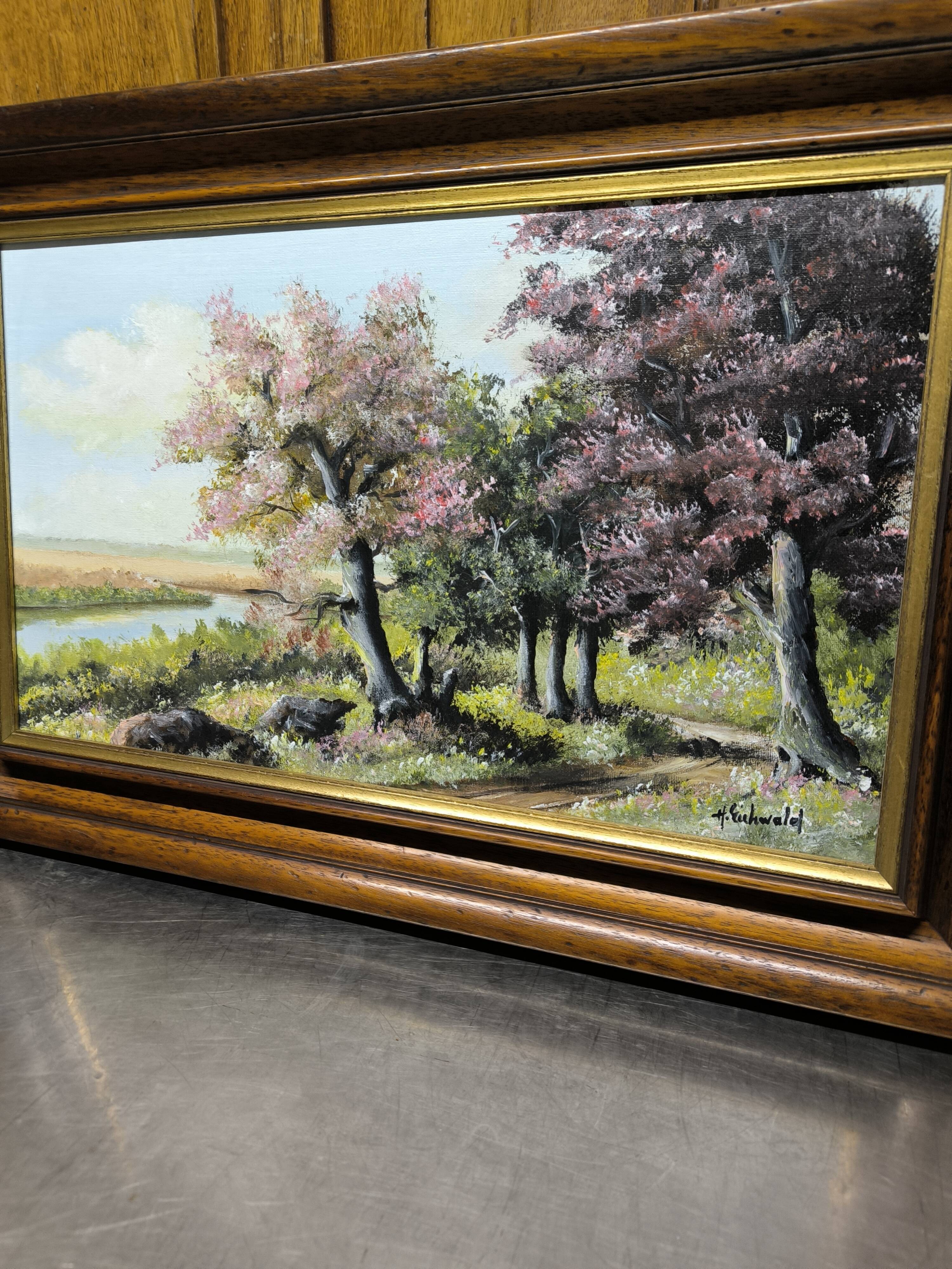 Landscape painting of flowering trees, Huguette Eichwald