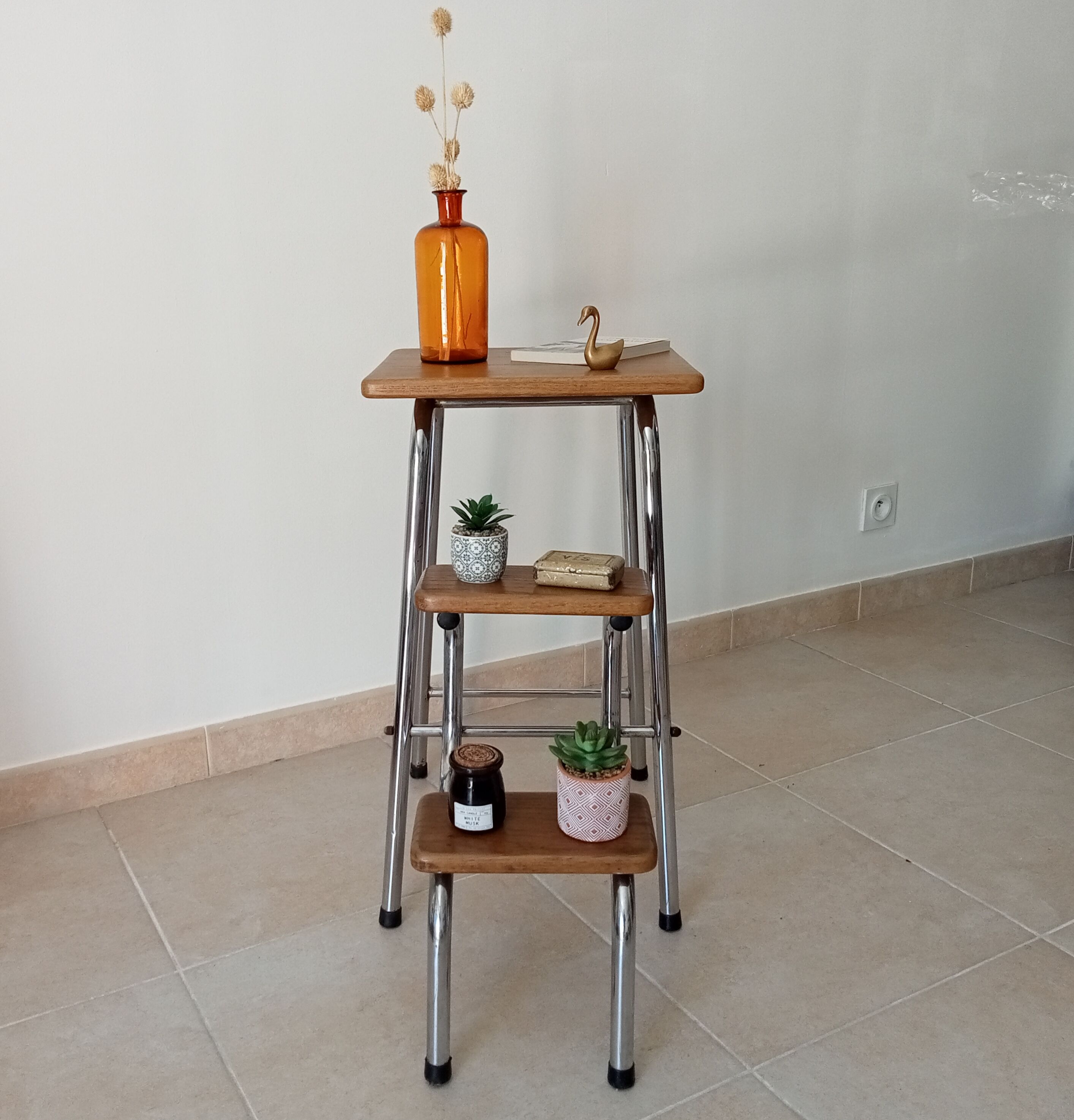 Stepladder stool vintage chrome and solid oak 60/70s