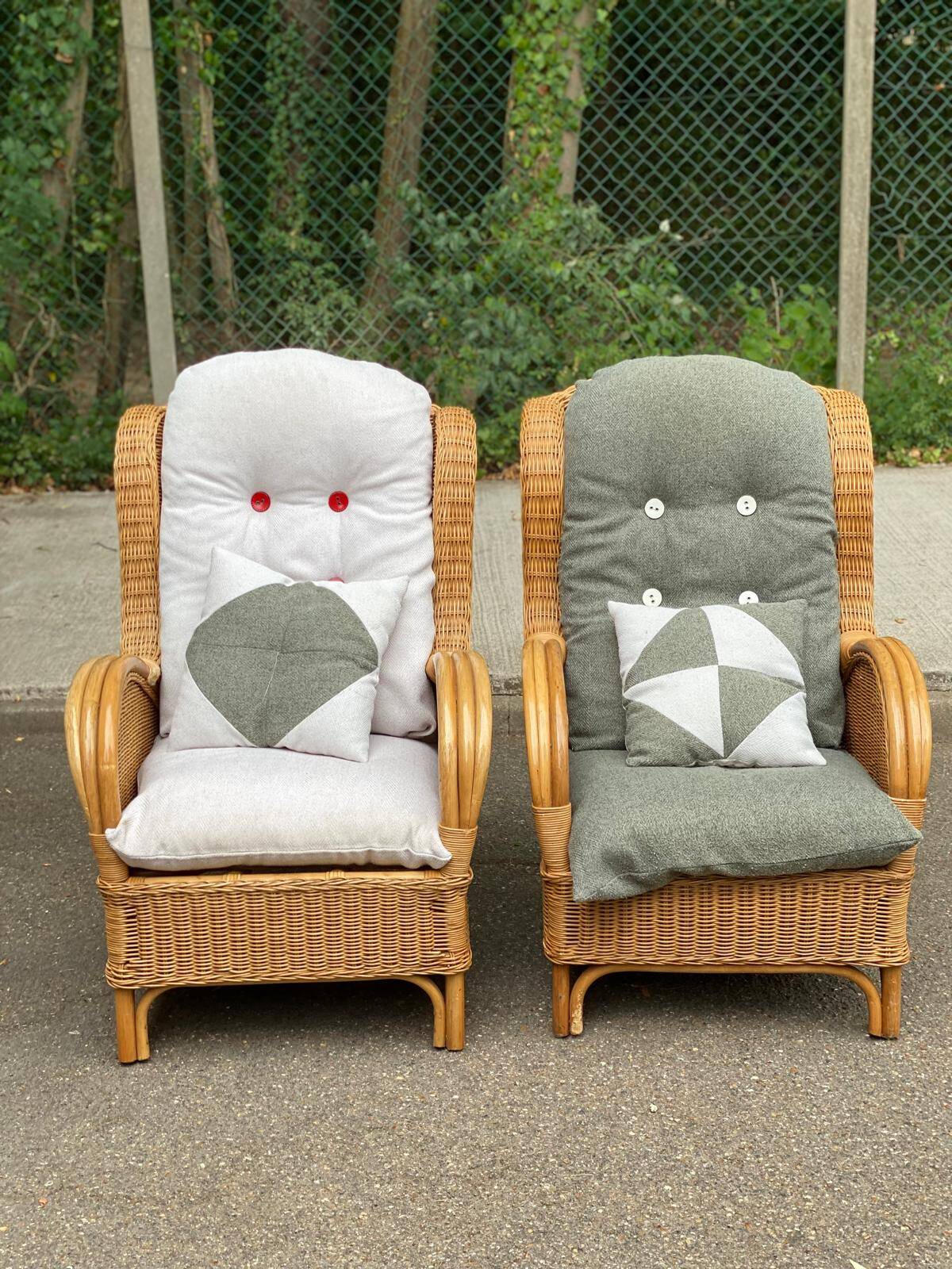 2 rattan and woven wicker armchairs in vintage 70s style