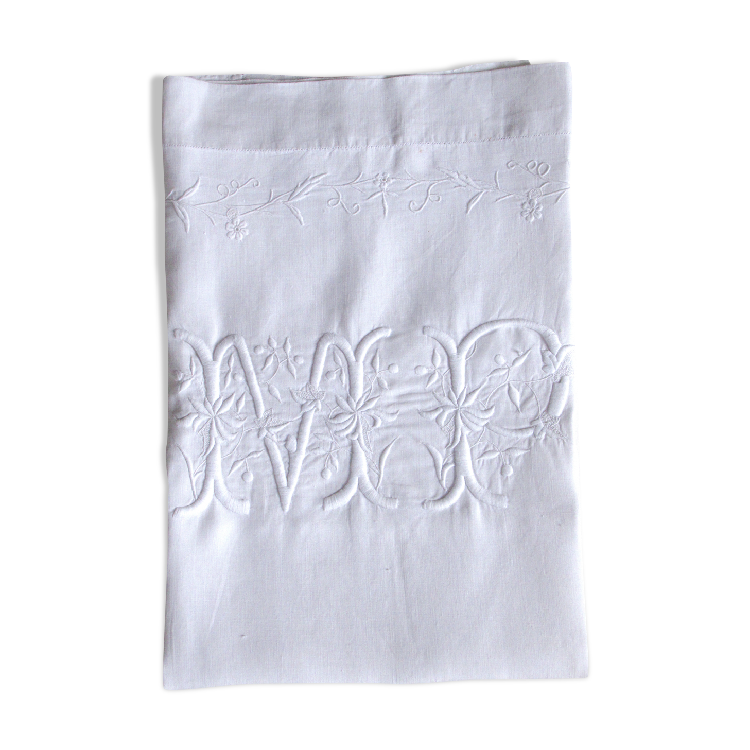 old pillowcase embroidered with fine flowers, marked MP, 19th