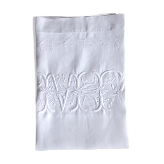 old pillowcase embroidered with fine flowers, marked MP, 19th