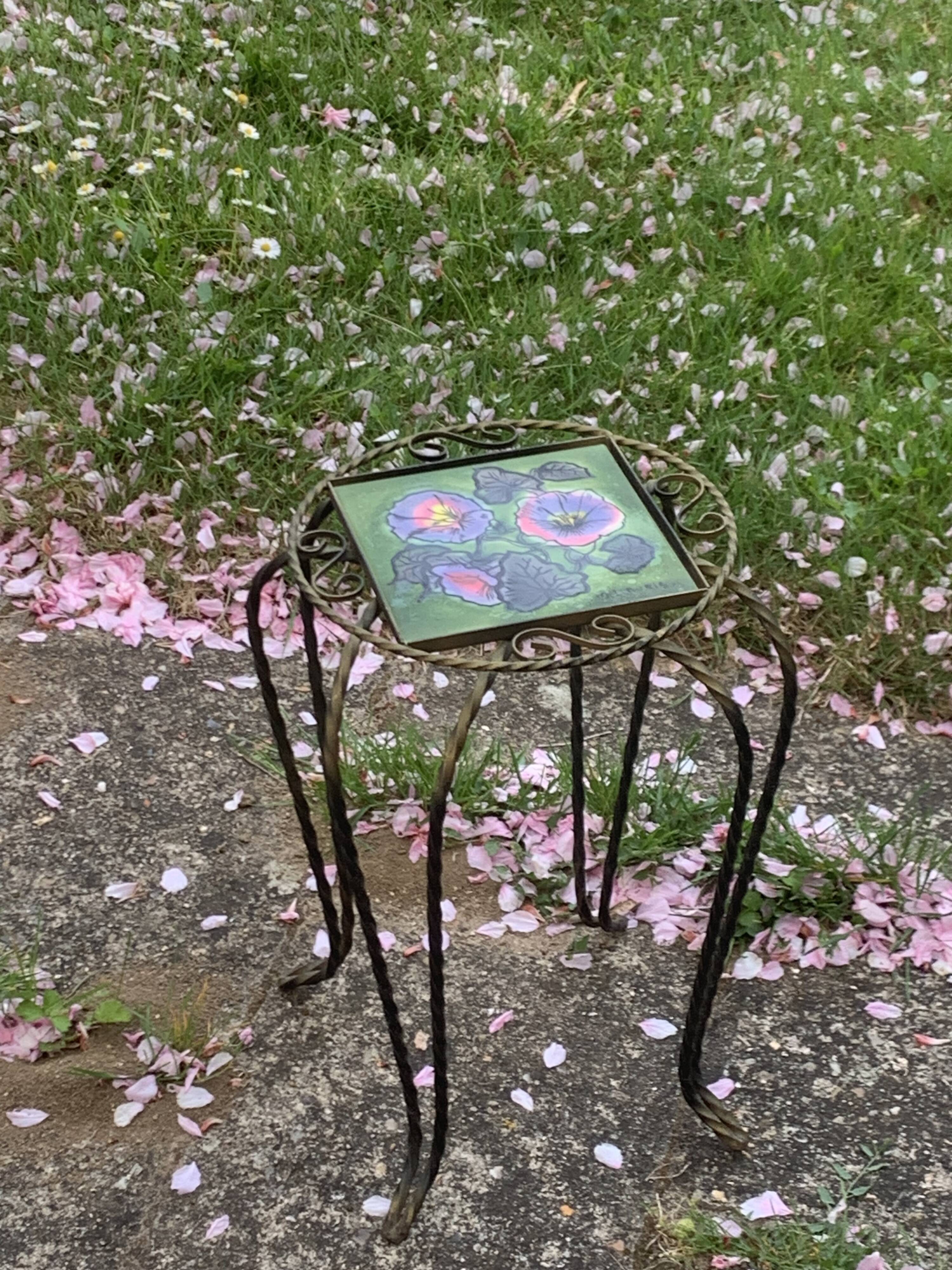Plant stand, table, in wrought iron and vintage Vallauris ceramic
