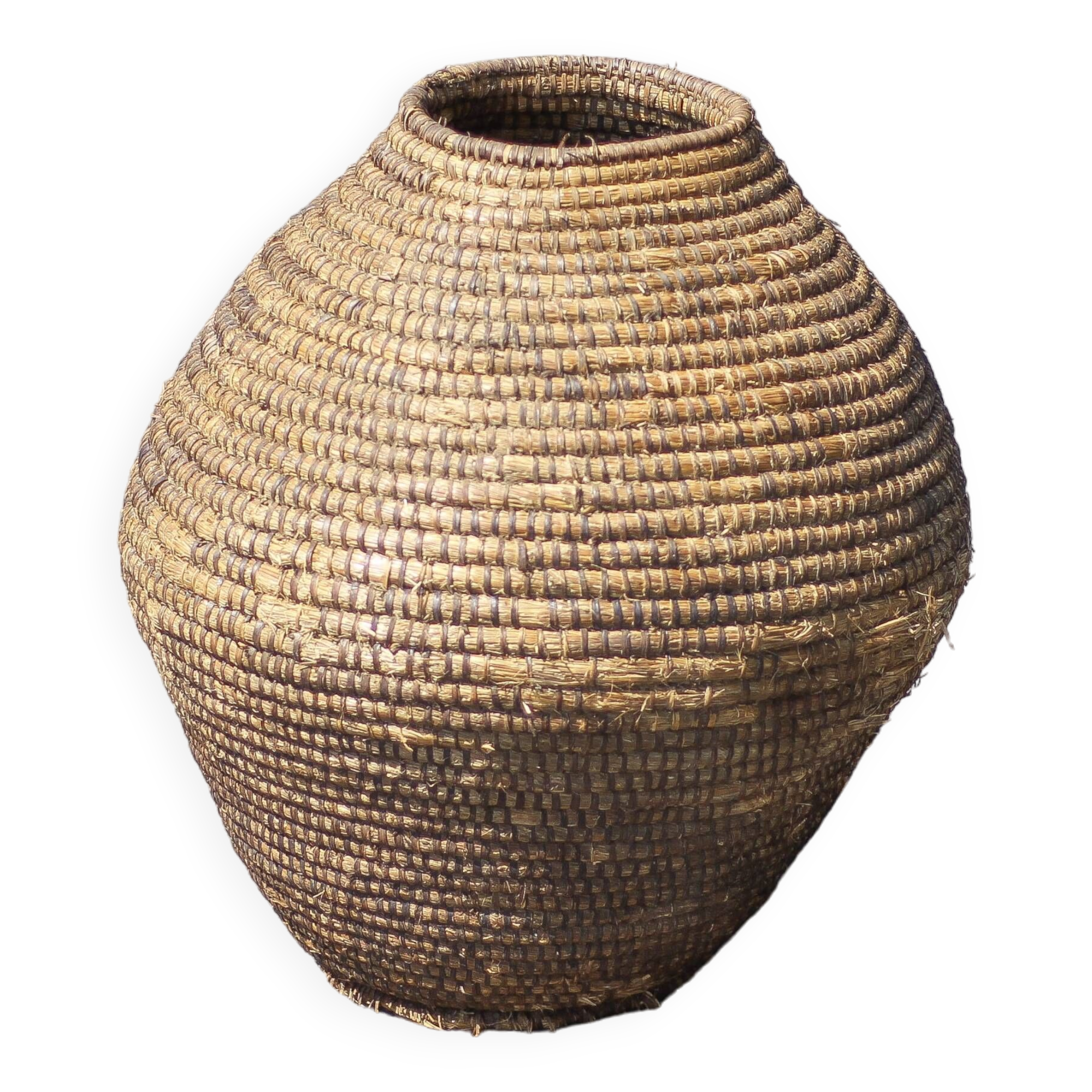 Large old basket, burgundy straw and bramble, woven basket