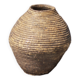 Large old basket, burgundy straw and bramble, woven basket