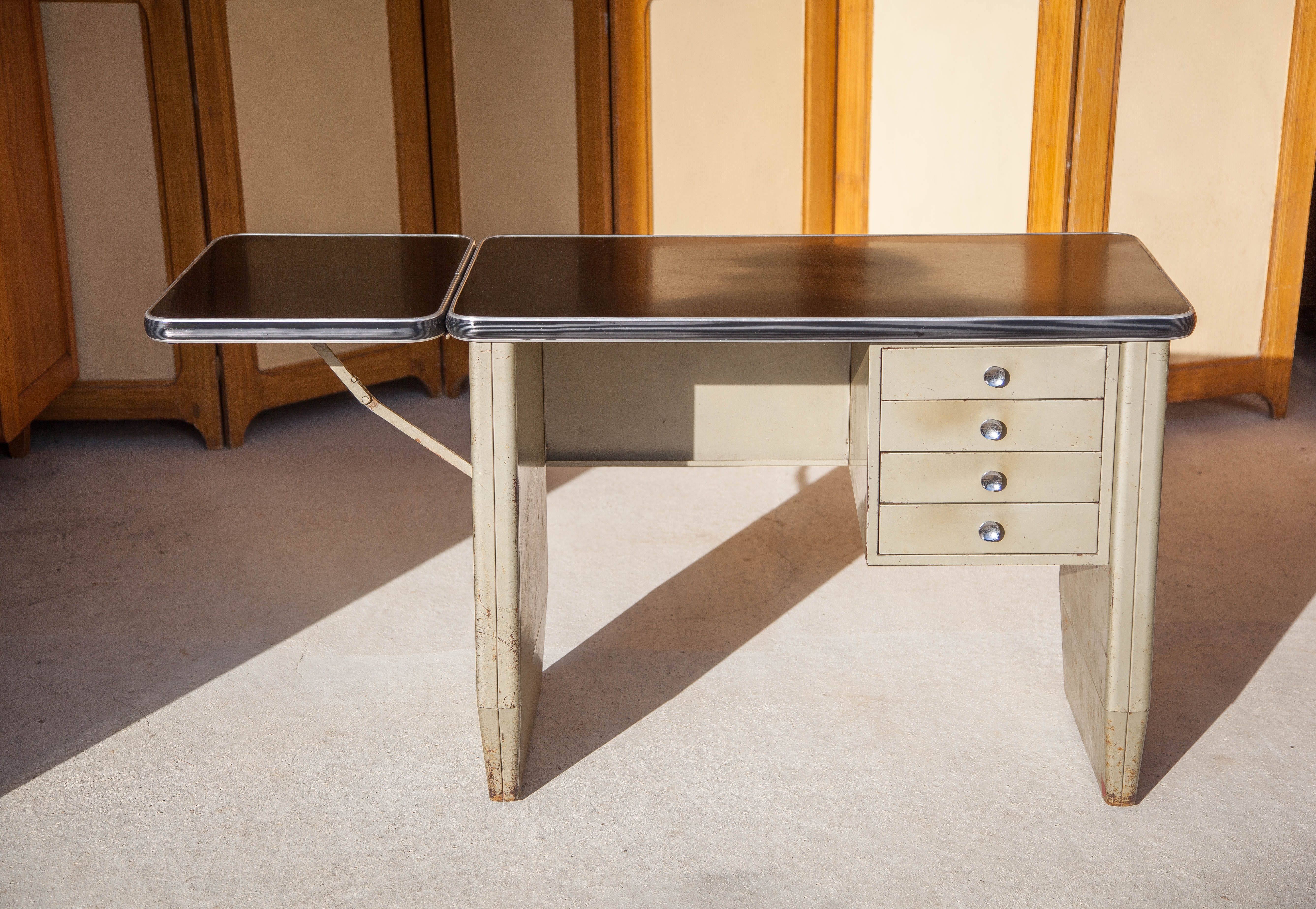 Vintage metal desk, desk with drawers and folding shelf, vintage desk