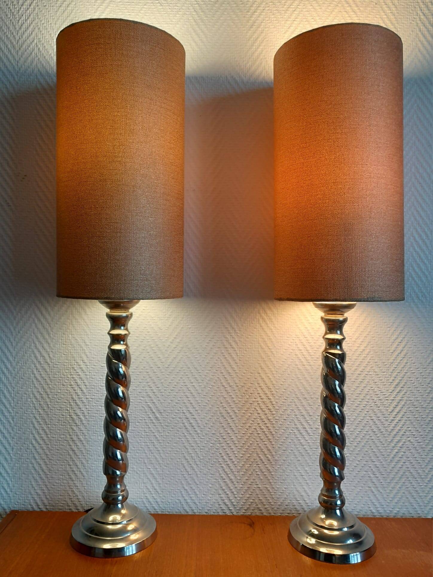 Pair of twisted metal silver-plated column lamps