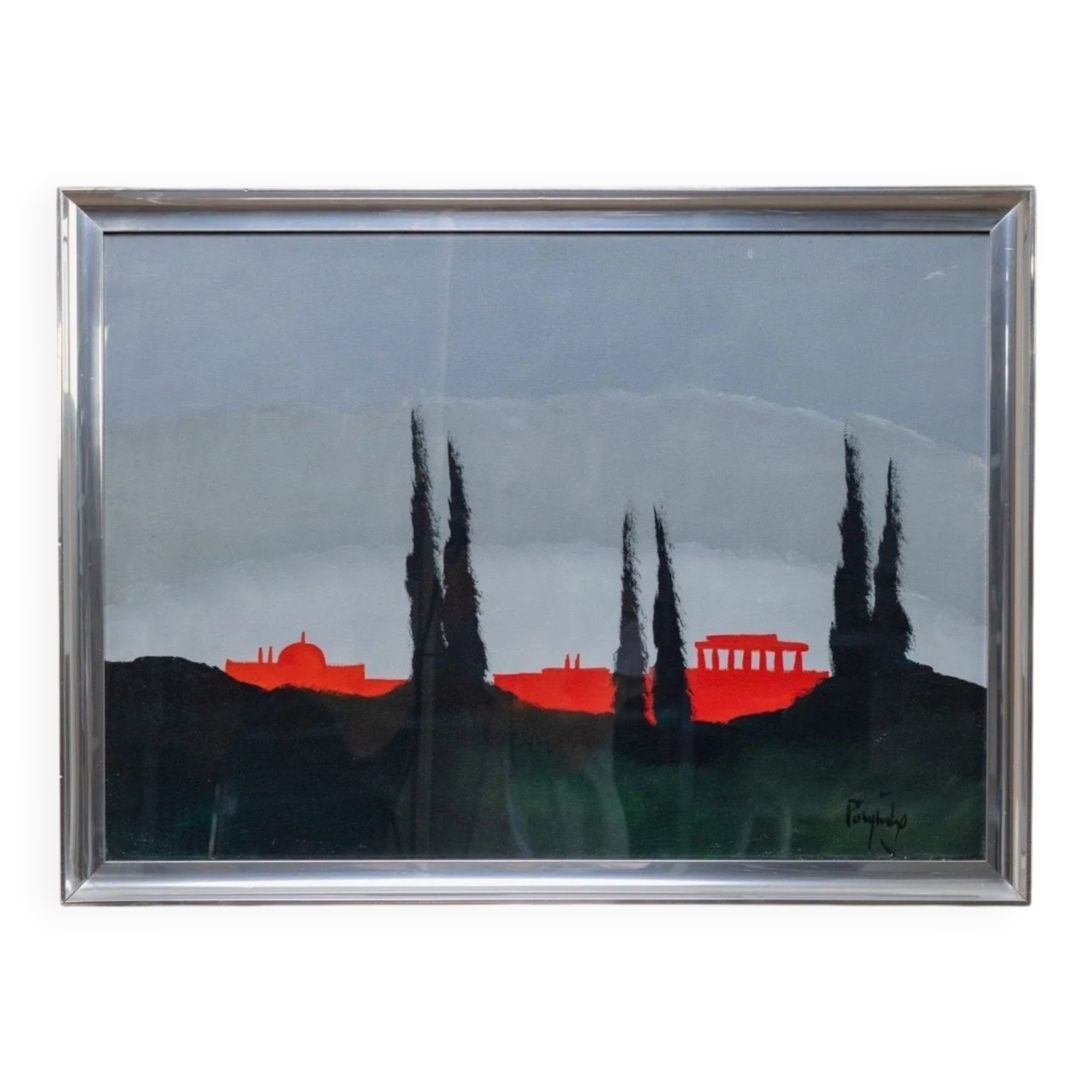 Peinture acrylique bleue sur toile par Vittorio Postiglione - skyline de Rome, cadre argenté, vintage des années 1980.