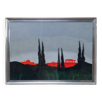Blue acrylic on canvas painting by Vittorio Postiglione - Rome skyline, silver frame, vintage 1980s