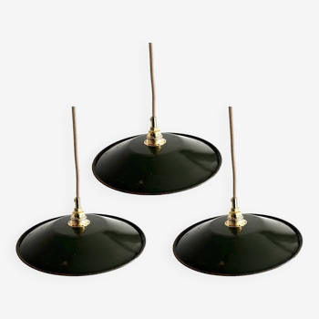 Set of three old enameled sheet metal pendant lights