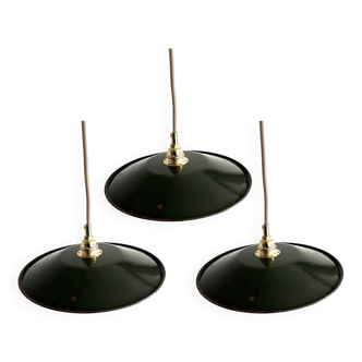 Set of three old enameled sheet metal pendant lights