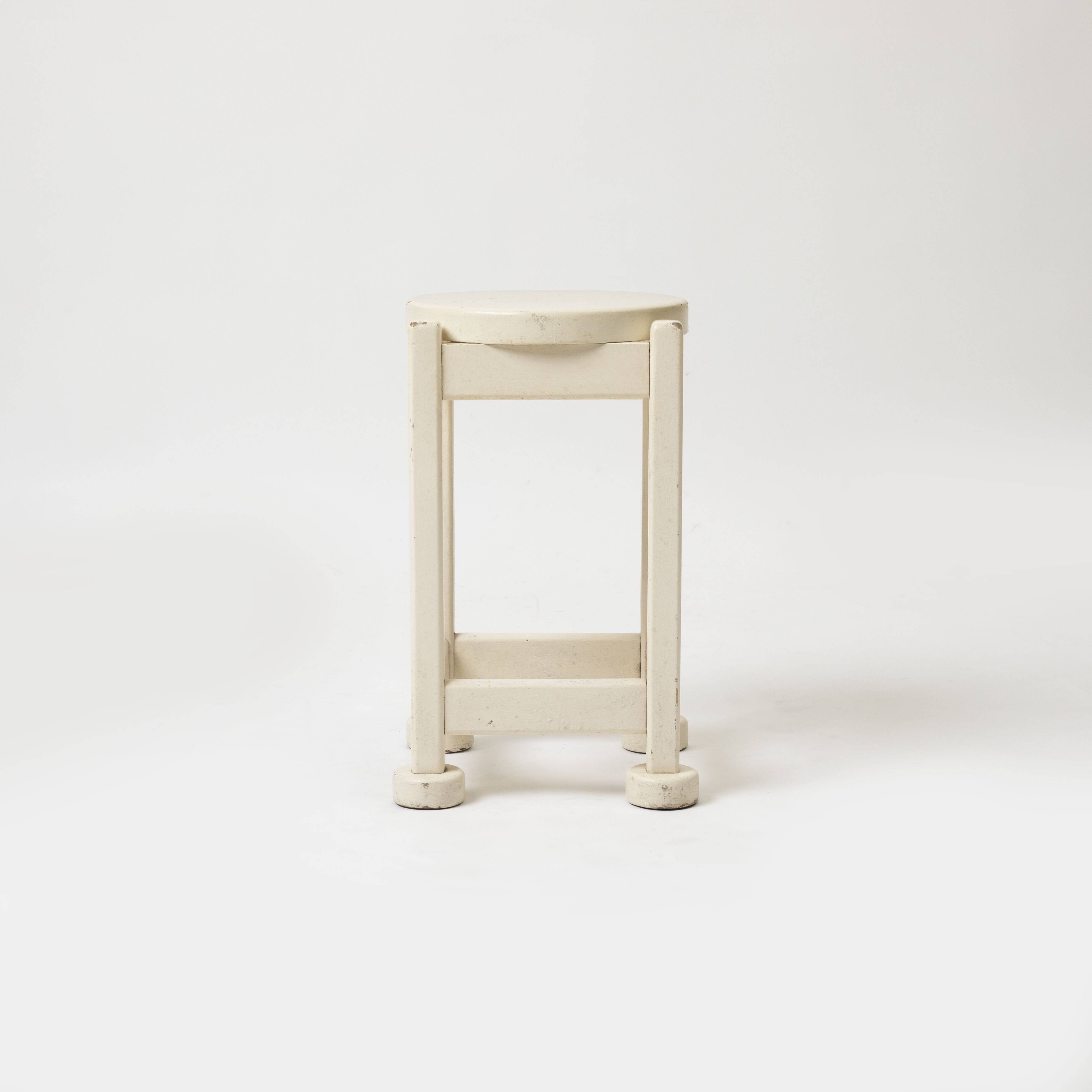 Funcionalist white painted wood stool, poland, 1950s