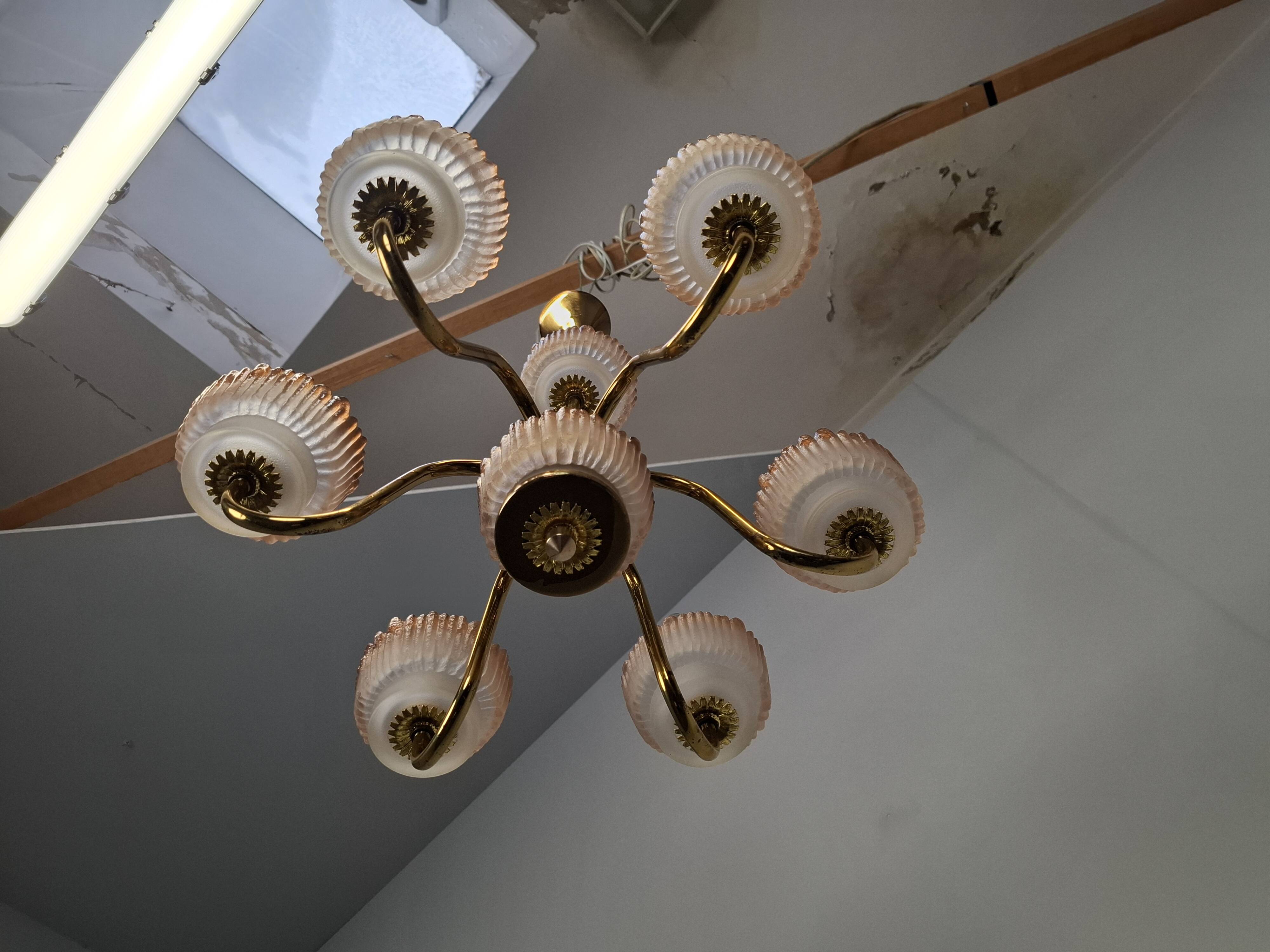 1960s Czech Mid-Century Brass and Železný Brod Frosted Glass Six-Arm Chandelier