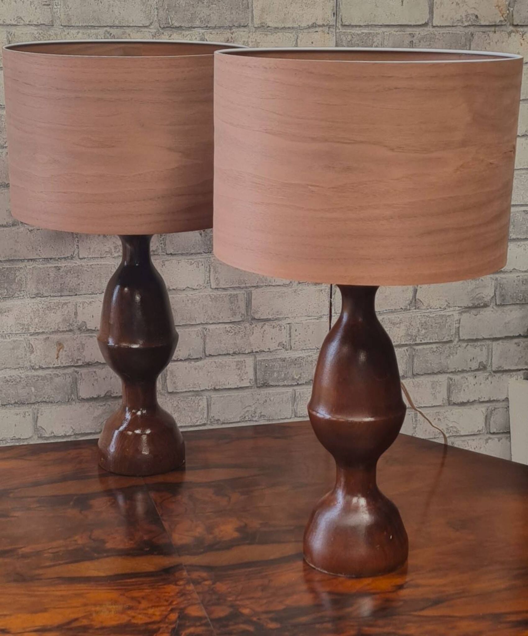 pair of 1960s Scandinavian lamps in solid varnished wood and veneered lampshades