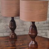 pair of 1960s Scandinavian lamps in solid varnished wood and veneered lampshades