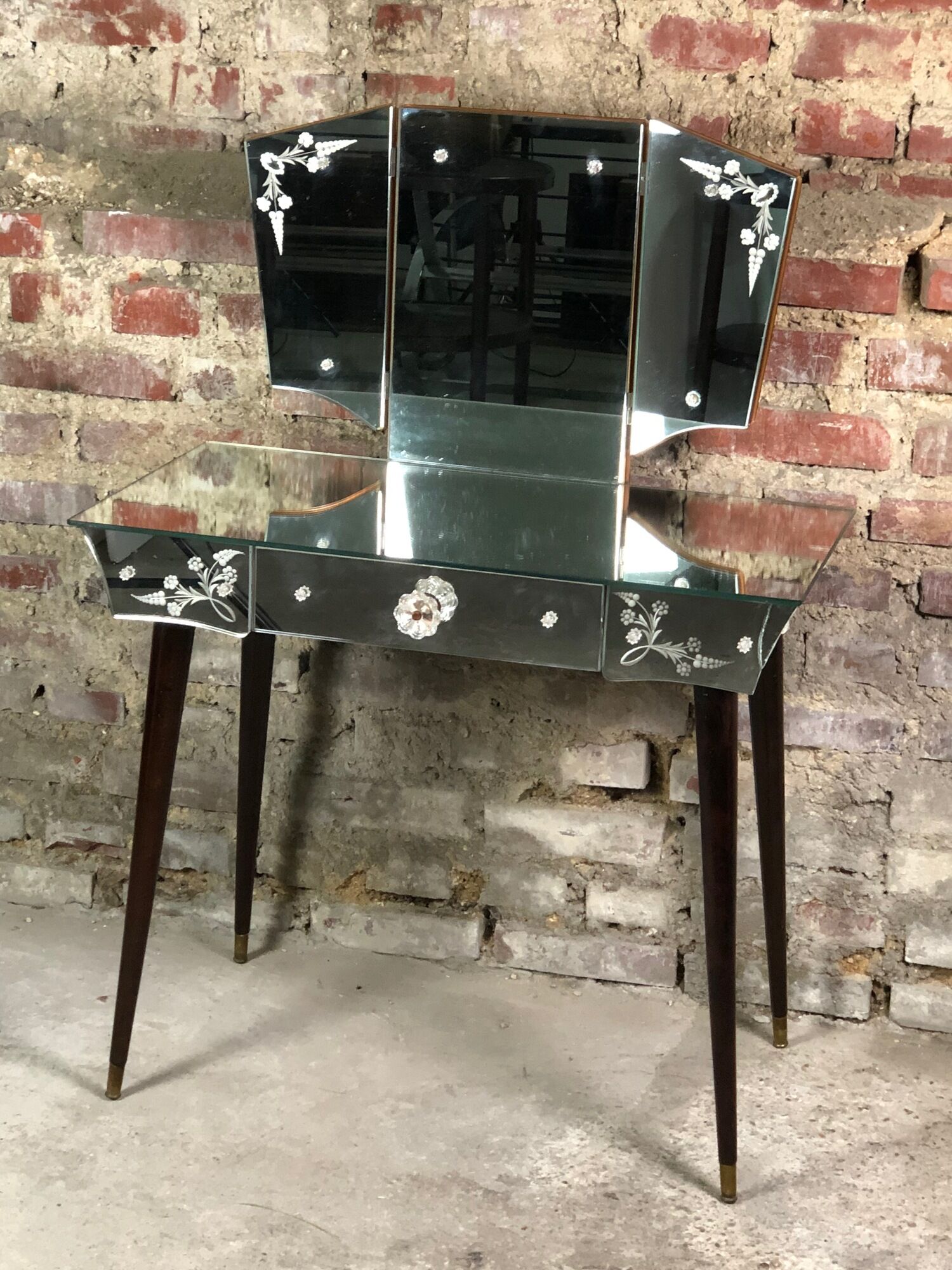 Vintage art deco style dressing table in mirror and wood 50'S