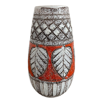 Vintage, vase, Fratelli Fanciullacci sgraffito, 50s, orange, leaf decoration, signed, numbered