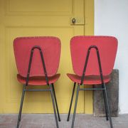 Pair of wooden and faux leather chairs from the 1950s, vintage chairs, retro.