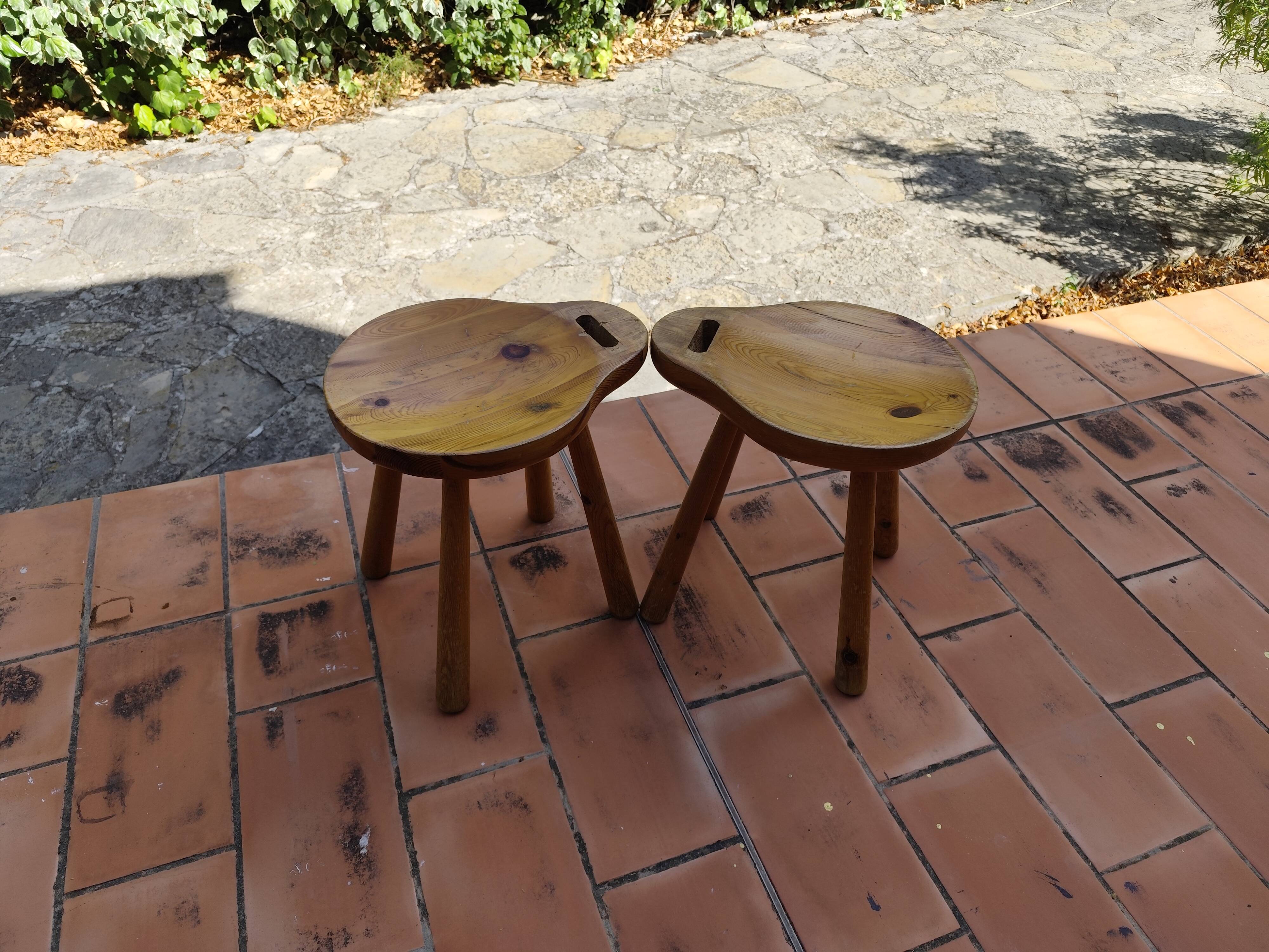 Pair of vintage 1960s solid pine ovoid Scandinavian stools