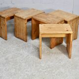 Selection by Charlotte Perriand for Les Arcs, set of 5 pine stools. France, circa 1960