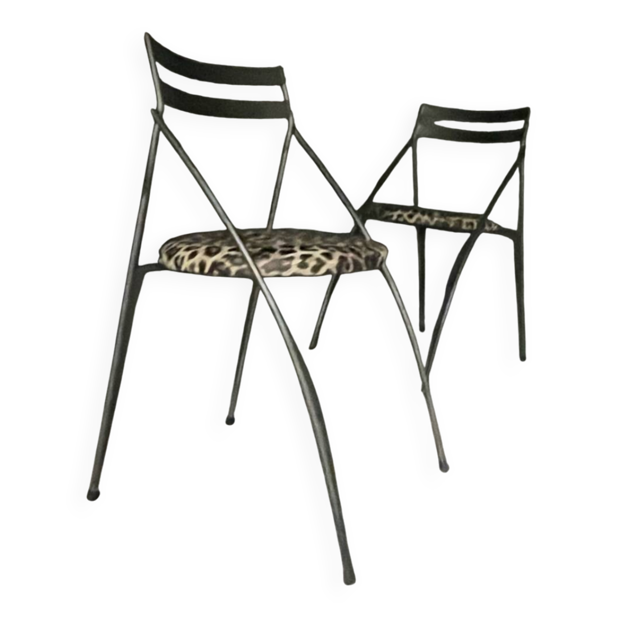 Pair of folding chairs from the 80s with leopard print seats.