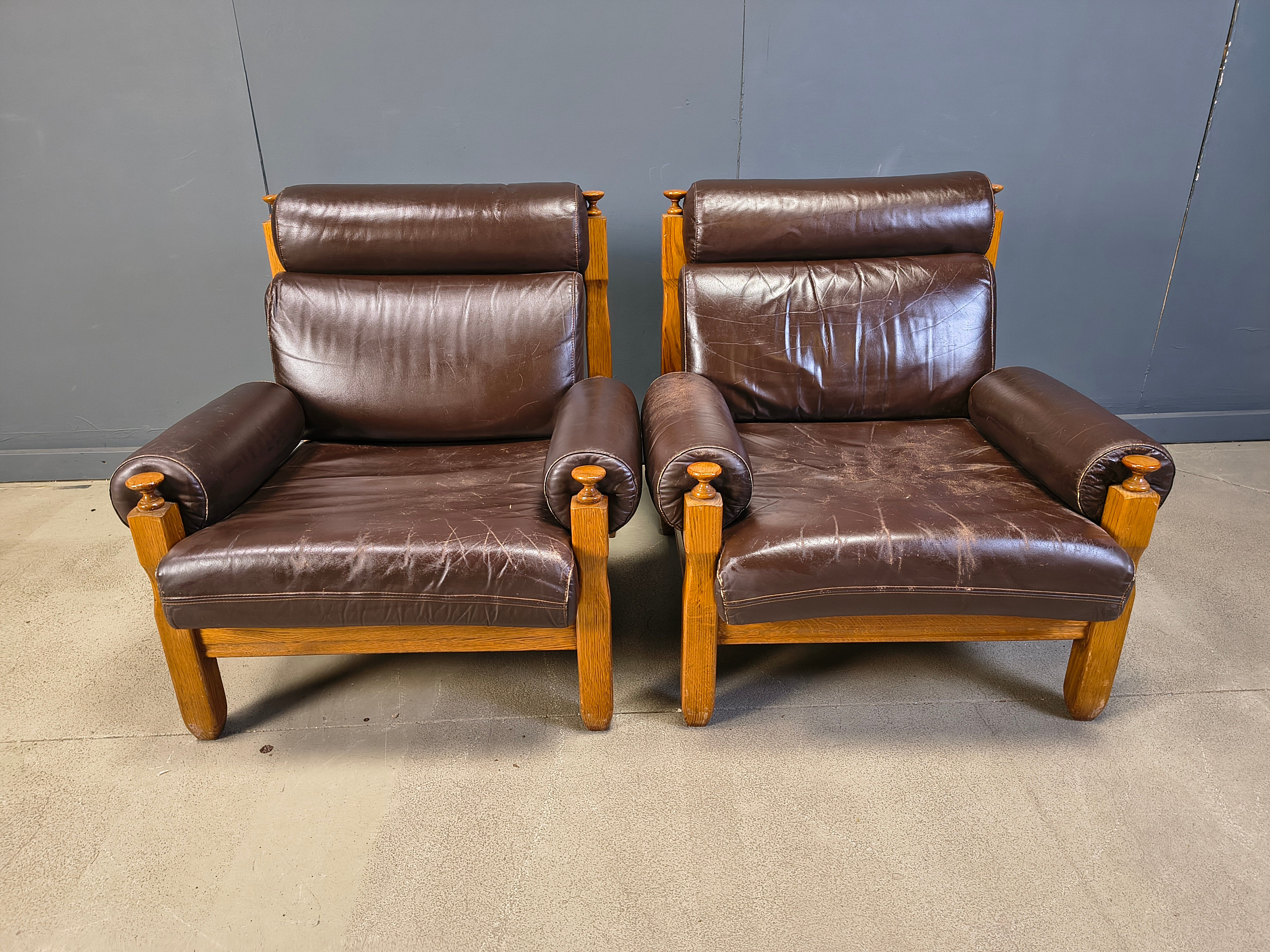 Vintage rustic brown leather and oak armchairs, 1960s - set of 2