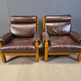 Vintage rustic brown leather and oak armchairs, 1960s - set of 2