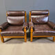Vintage rustic brown leather and oak armchairs, 1960s - set of 2