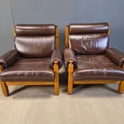 Vintage rustic brown leather and oak armchairs, 1960s - set of 2