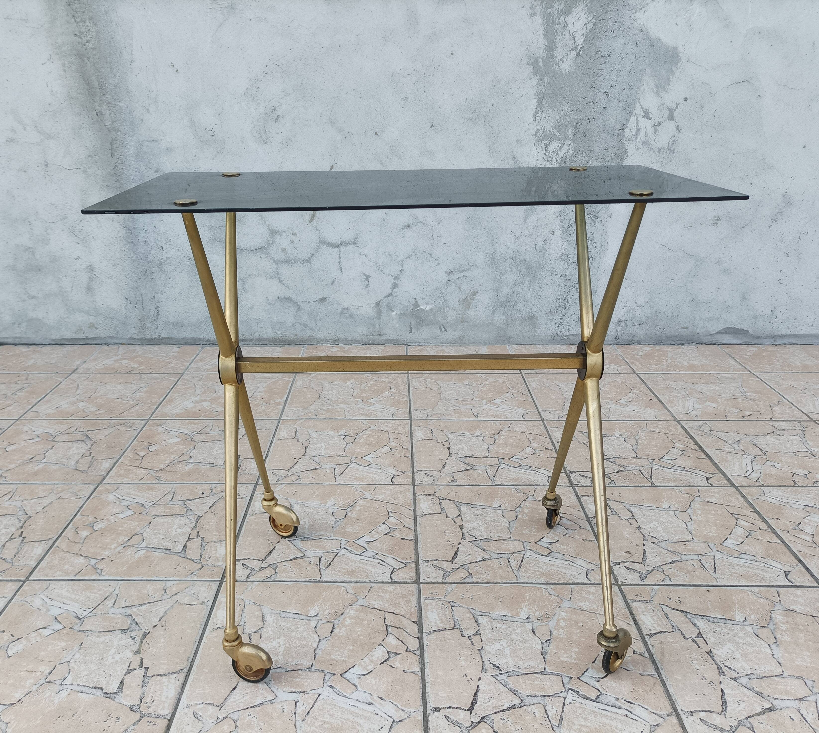 Vintage serving tray in brass and smoked glass 1960