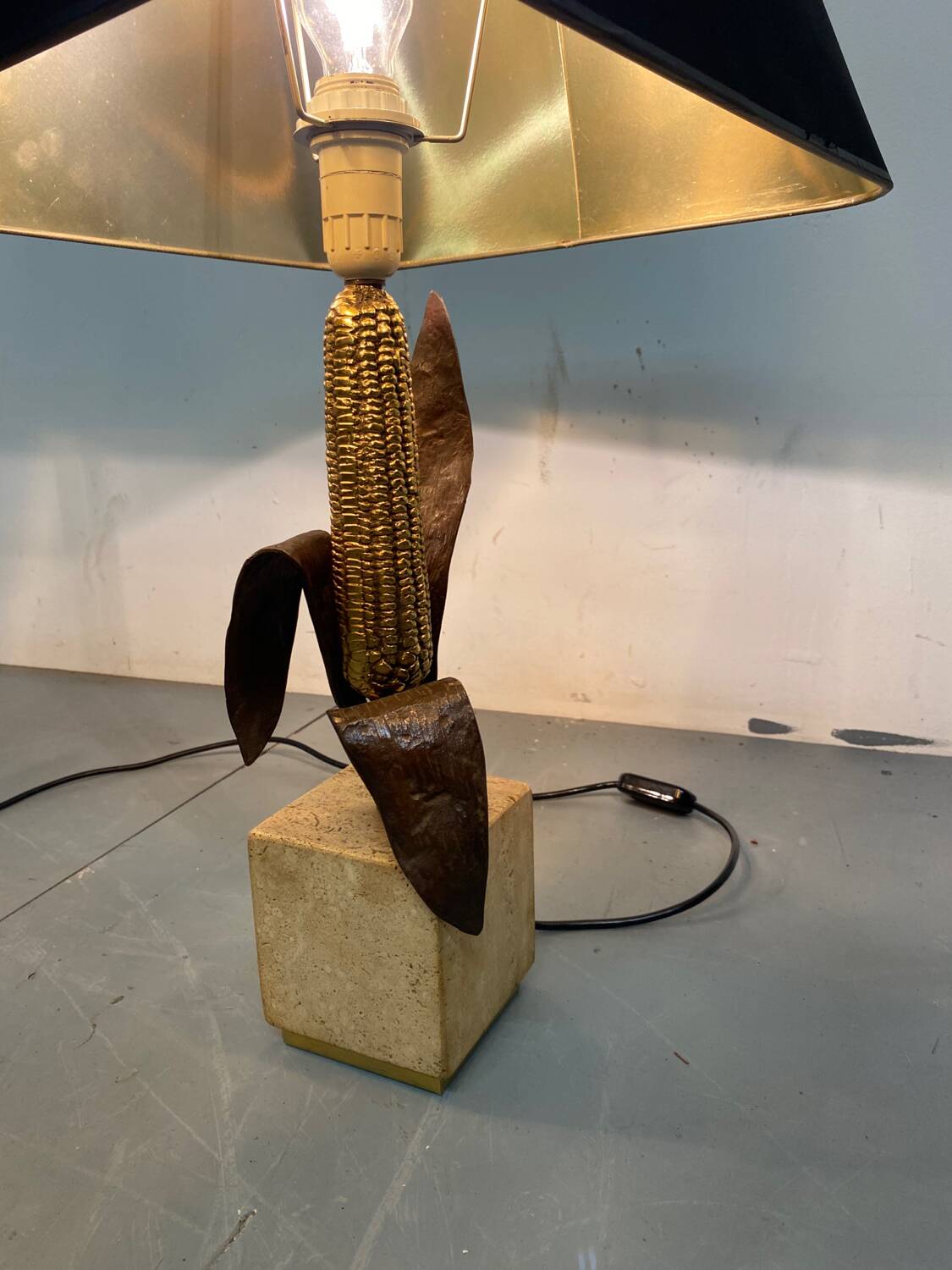 Vintage Bronze, Brass and Travertin Table Lamps in the manner of Maison Charles, 1970s, Set of 2