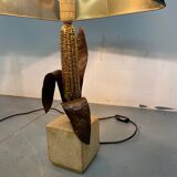 Vintage Bronze, Brass and Travertin Table Lamps in the manner of Maison Charles, 1970s, Set of 2