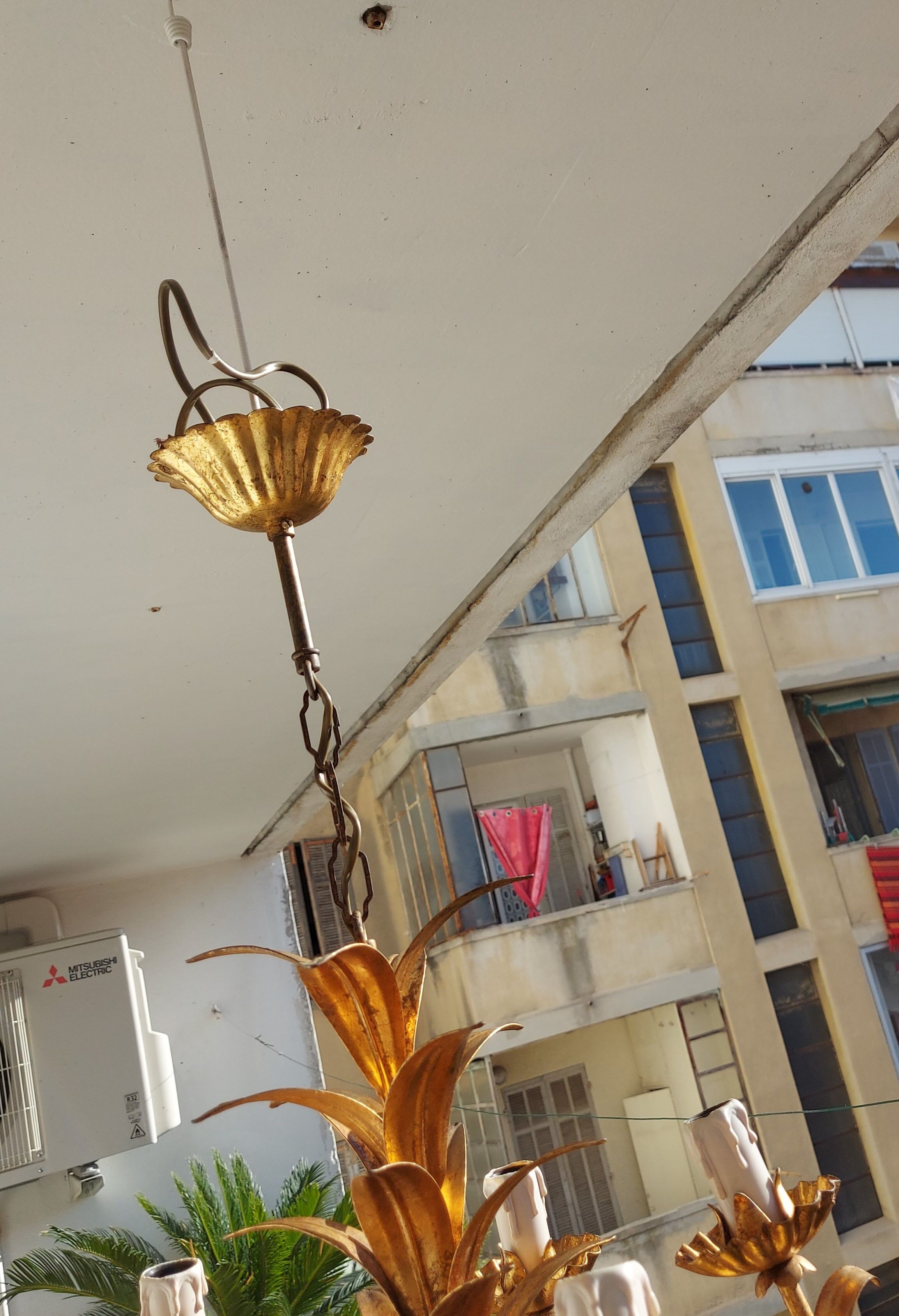Chandelier gilded metal leaves by Hans Kogl, 1970's