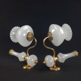 2 wall lights in gold metal and milky glass, swan neck