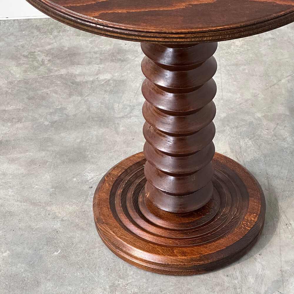 French sculptural turned oak pedestal side table, 1960s