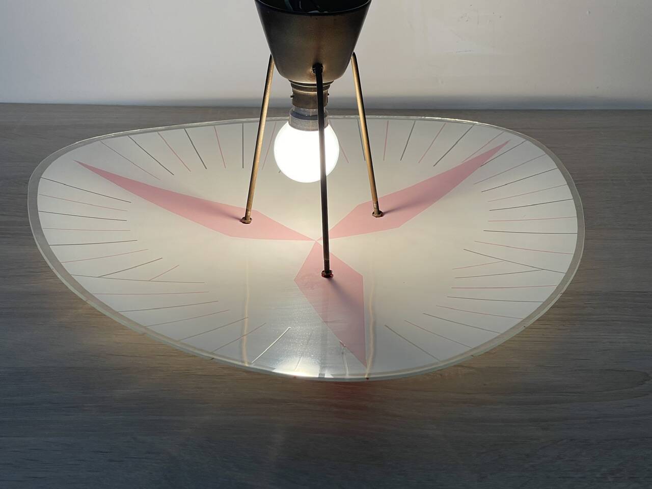 Vintage triangular ceiling light in glass and brass circa 1970s.