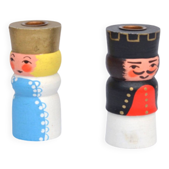 Pair of wooden candlesticks, king and queen, Germany 1970s.