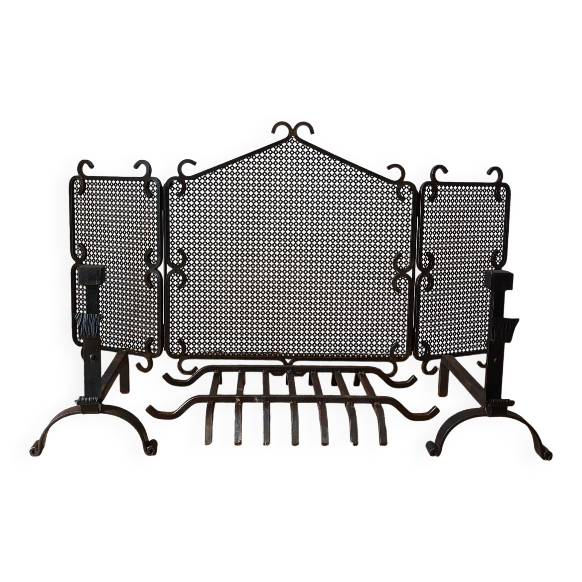 Cast iron and wrought iron fireplace screen set
