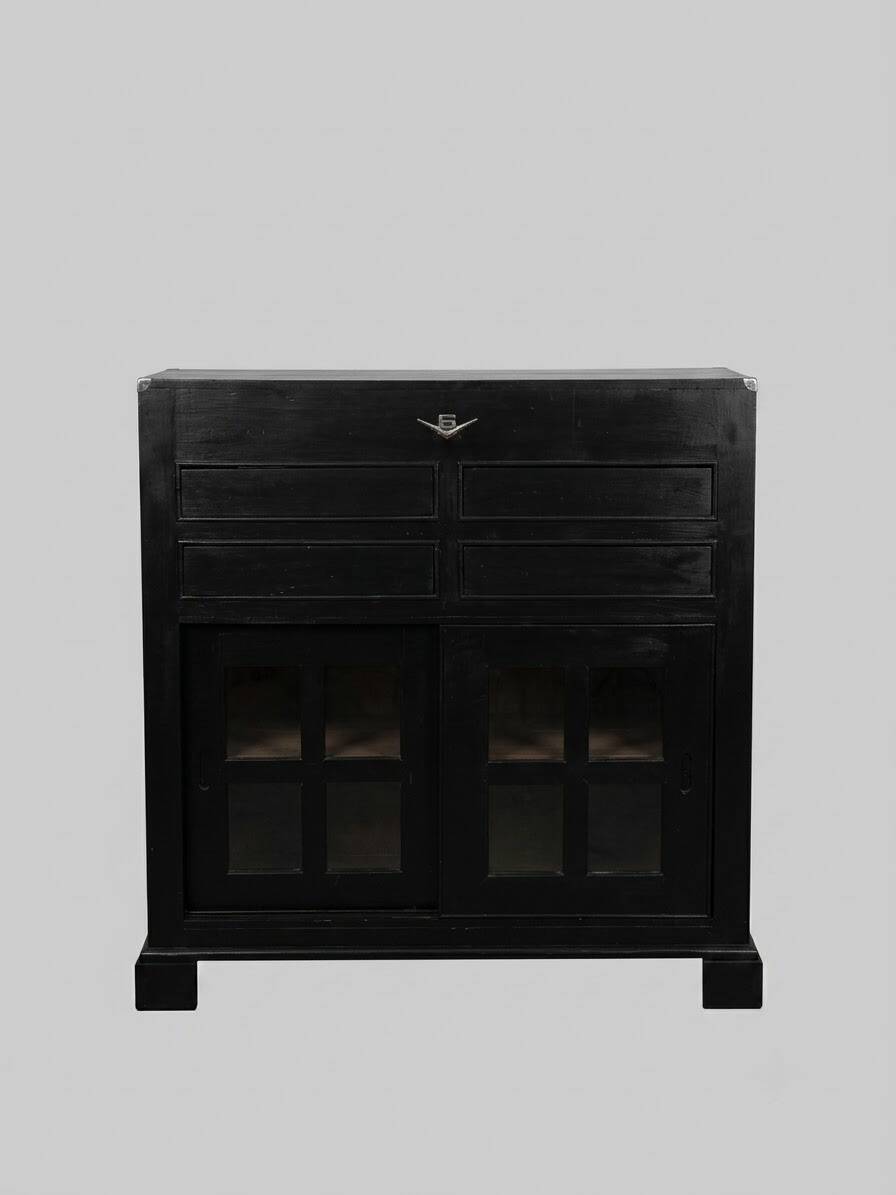 Black wooden sideboard with glass doors – industrial/vintage style