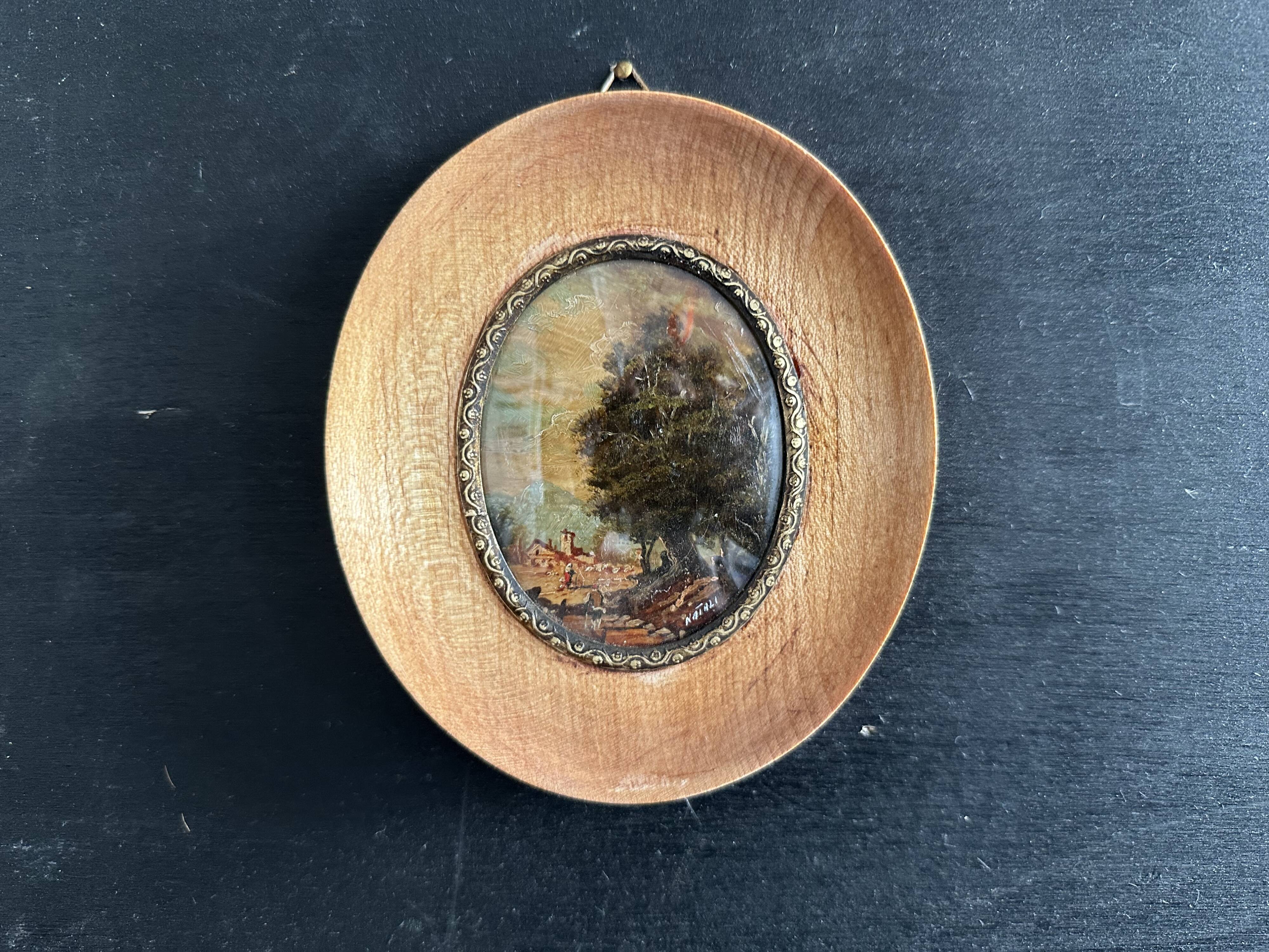 Antique oval miniature painting landscape signed Natali early 20th century