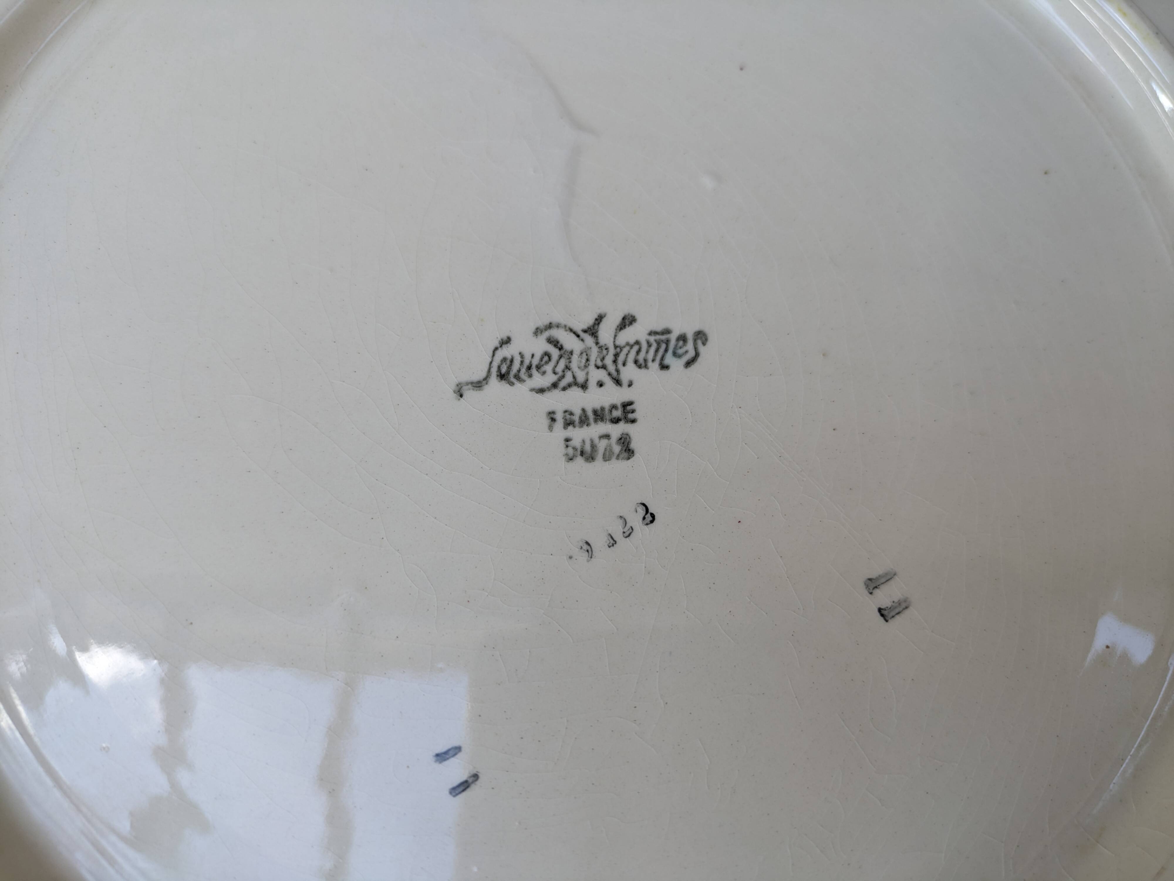 Plate with handles, ceramic serving dish with yellow border and floral decoration Sarreguemines