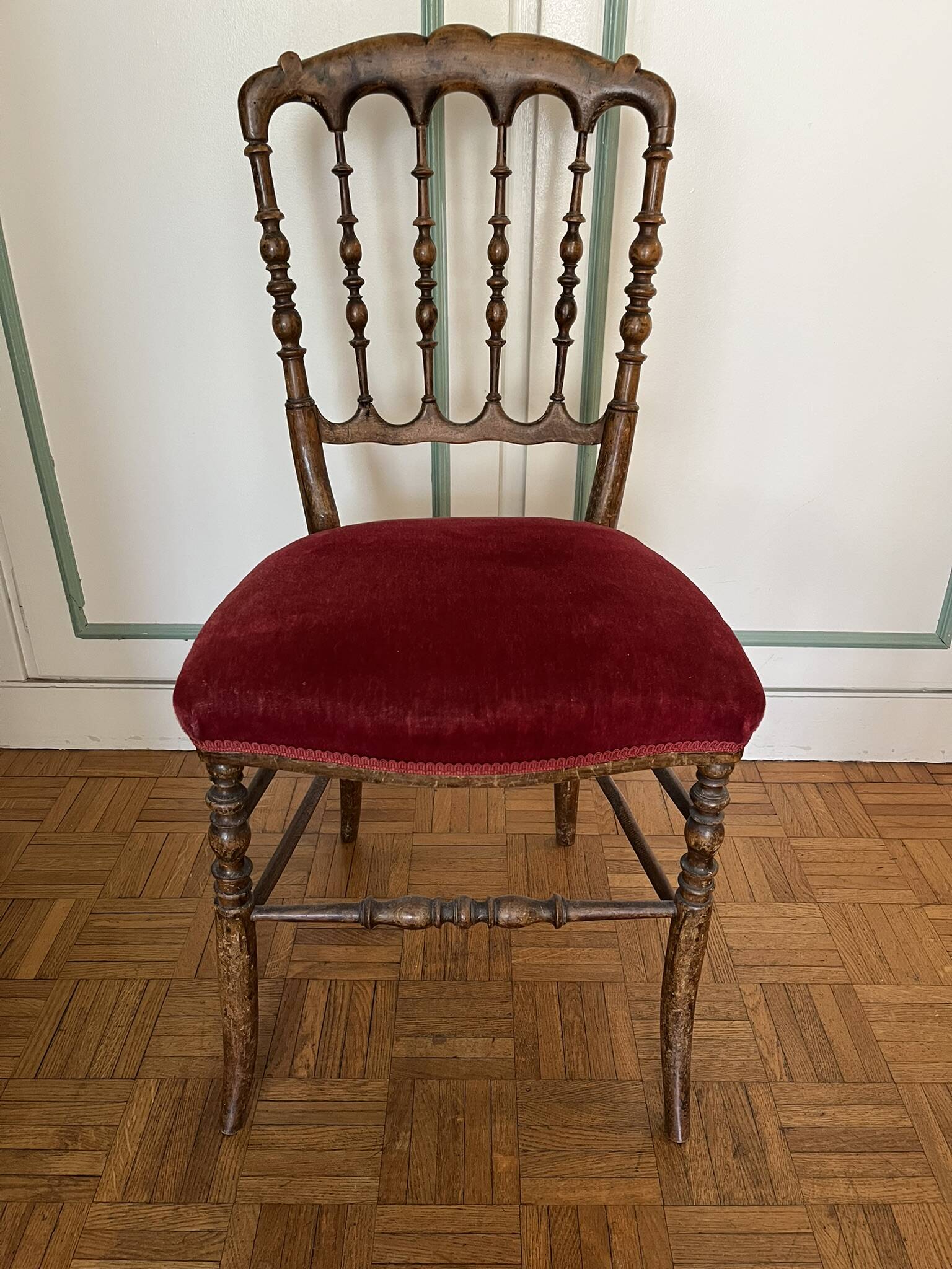 Napoleon III Chiavari Chair — Beaded Spindles — Crimson Velvet — France,