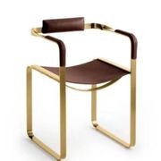 Armchair, Aged Brass Steel and Natural Tobacco Saddle Leather, Contemporary Style