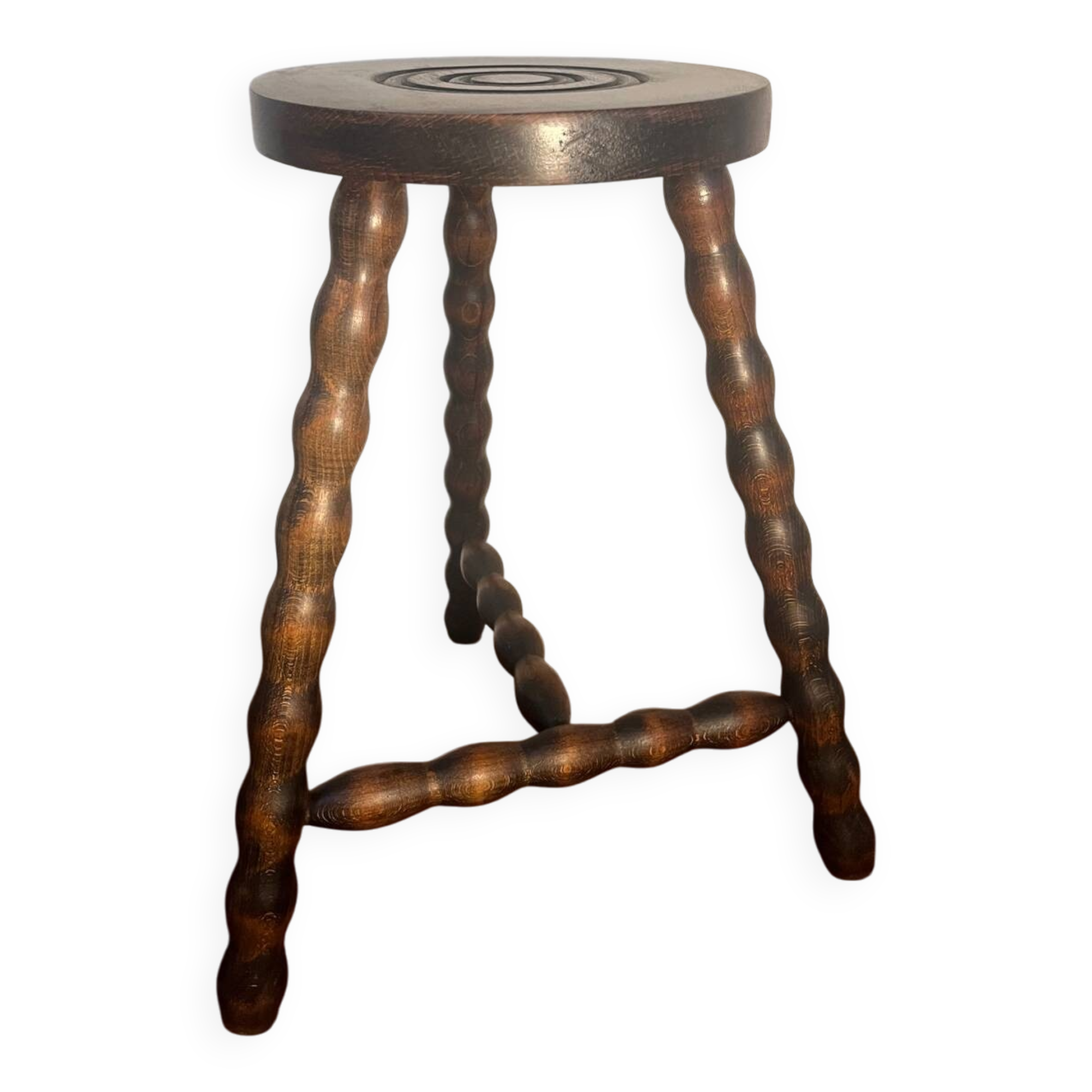 Round tripod stool with turned wooden legs