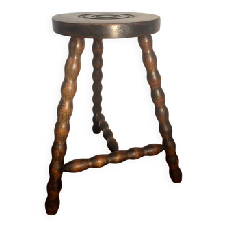 Round tripod stool with turned wooden legs