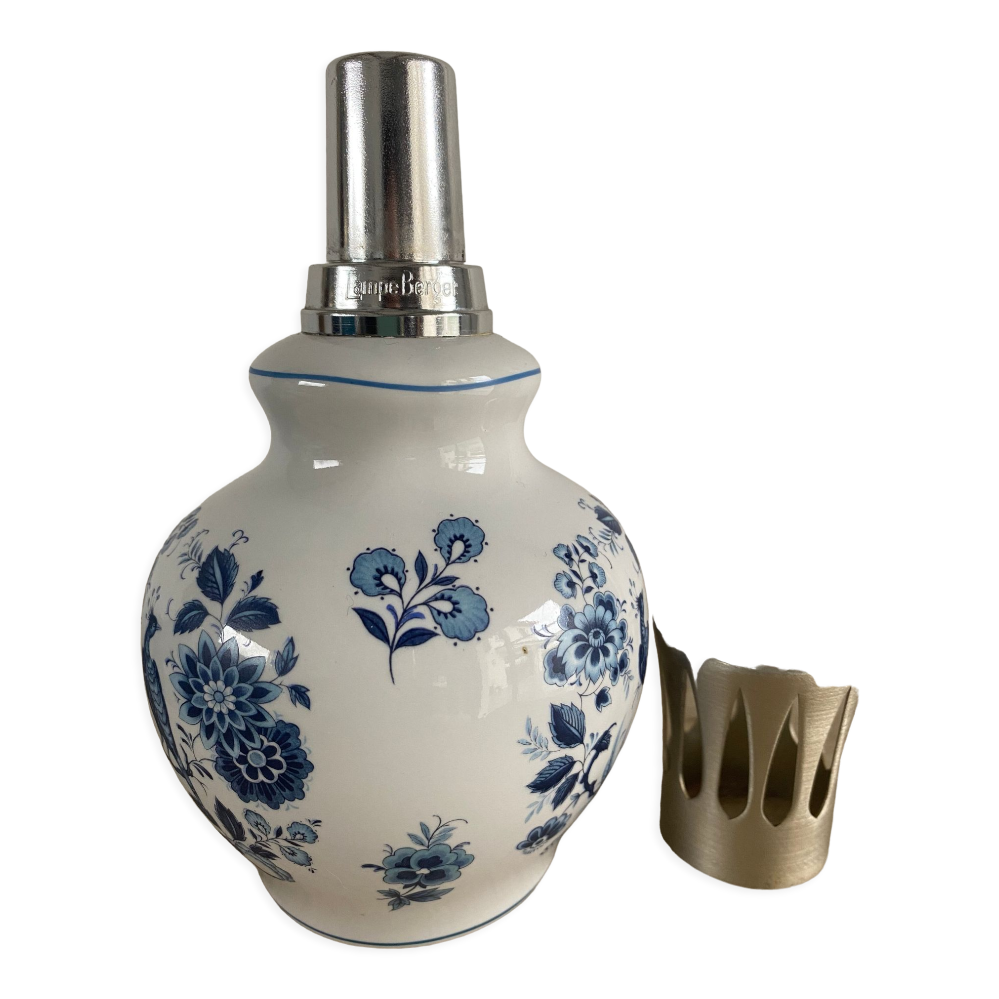 Lampe Berger - Porcelaine décor fleuri en bleu et blanc - Paon