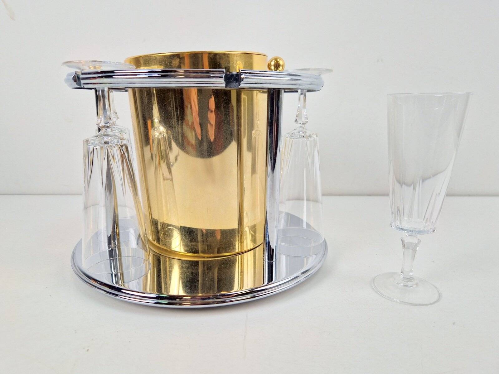 Brass Champagne Cooler with Glass Holder and Crystal flutes by Hans Turnwald for Freddotherm, Germany, 1960s, Set of 7