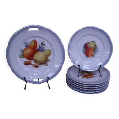 Lot de 7 assiettes à dessert et son plat à gâteaux motifs fruits