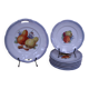 Set of 7 dessert plates and a cake stand with fruit patterns.