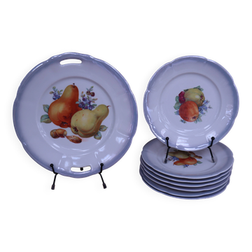 Set of 7 dessert plates and a cake stand with fruit patterns.
